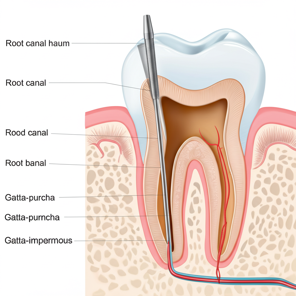 Detailed root canal procedure diagram showing the treatment process with infected pulp removal and canal cleaning