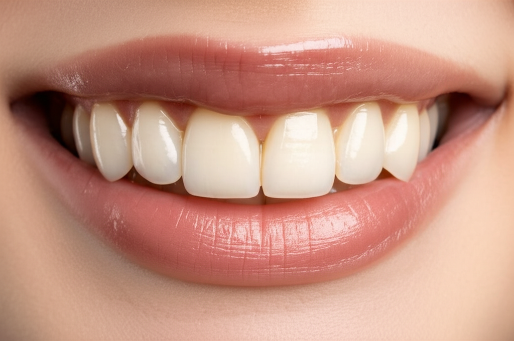 Close-up of perfect dental veneers on a smiling woman